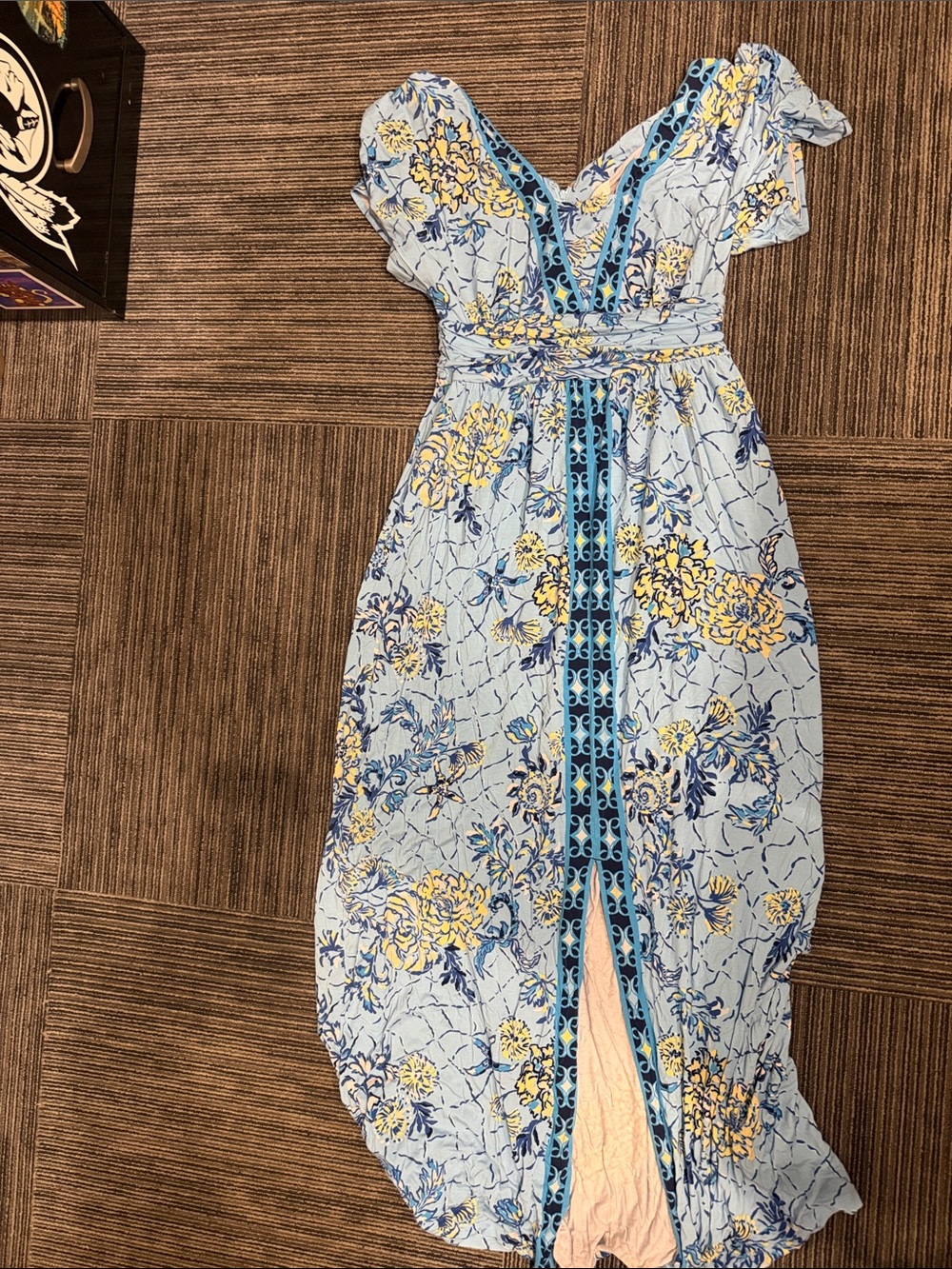 Lilly Pulitzer Sky Blue Floral V-Neck Maxi Dress with Yellow Accents